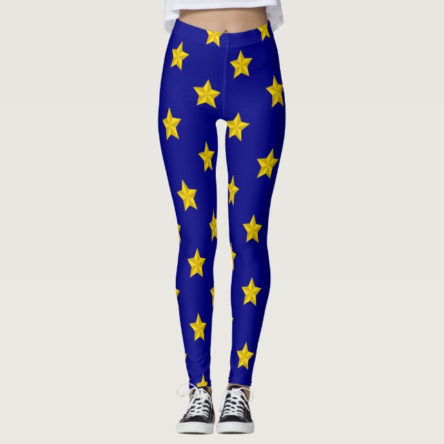 Gold Stars Pattern, Navy Blue, Exclusive Leggings (Front)