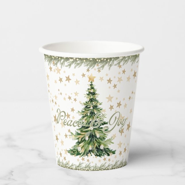 Gold Stars Peace And Joy Green Christmas Tree Paper Cups (Front)