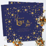 Gold Stars Peace Love and Joy Simple Elegant Blue Holiday Card<br><div class="desc">Modern and elegant persoanlized holiday card,  decorated with gold stars and lettered in script calligraphy and festive typography. Simple minimal typography design framed with an abundance of golden stars. The template is ready for you to personalize the greeting and add your name(s).</div>