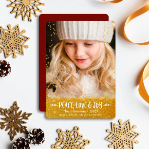Gold Stars Peace Love Joy Modern Script Photo Holiday Card