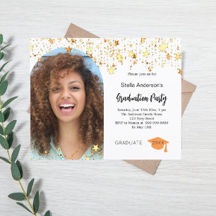 Gold stars photo arch graduation party invitation