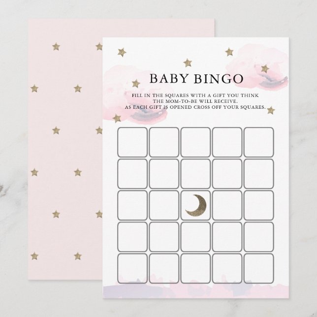 Gold Stars Pink Clouds Baby Shower Bingo Game Card (Front/Back)