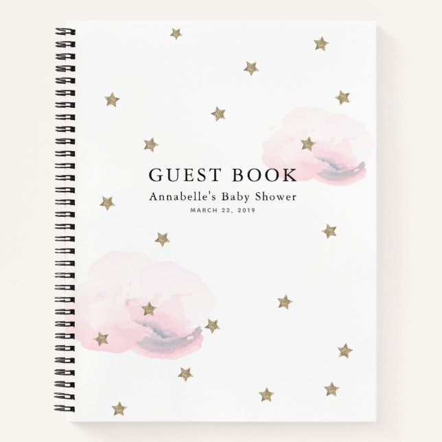 Gold Stars & Pink Clouds Baby Shower Guest Book (Front)
