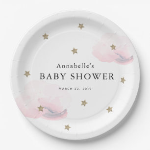 Gold Stars & Pink Clouds Baby Shower Paper Plate