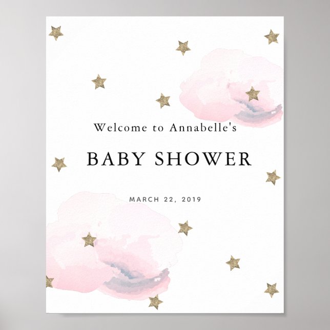 Gold Stars & Pink Clouds Baby Shower Welcome Sign (Front)