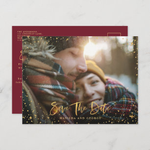 Gold stars script photo modern wedding announcement postcard