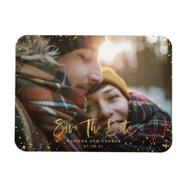 Gold stars script photo modern wedding magnet (Horizontal)