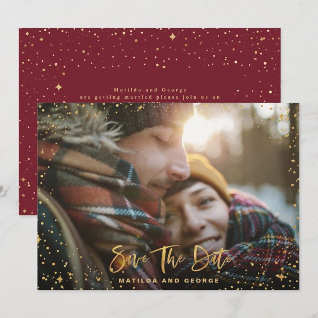 Gold stars script photo modern wedding save the da date (Front/Back)