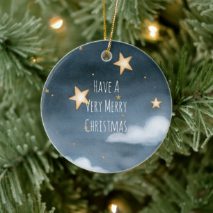Gold Stars Sky Clouds Snowflake Christmas Ceramic Ornament