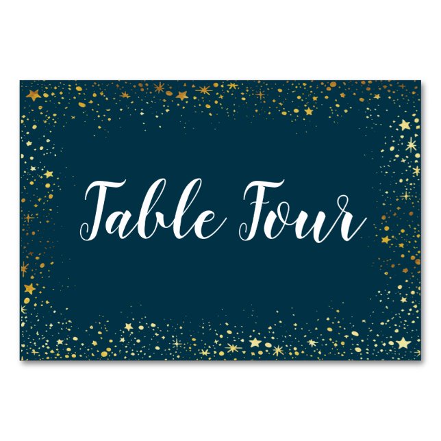 Gold Stars Sparkle Navy Table Name Card (Front)
