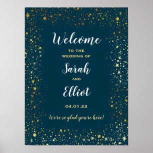Gold Stars Sparkle Navy Wedding Welcome Poster