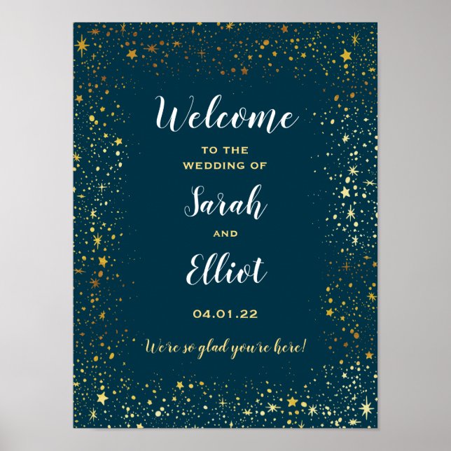 Gold Stars Sparkle Navy Wedding Welcome Poster (Front)