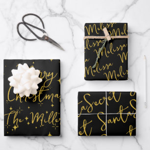 Gold Stars & Sparkles Personalized Black Wrapping Paper Sheet