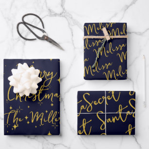Gold Stars & Sparkles Personalized Dark Blue Wrapping Paper Sheet