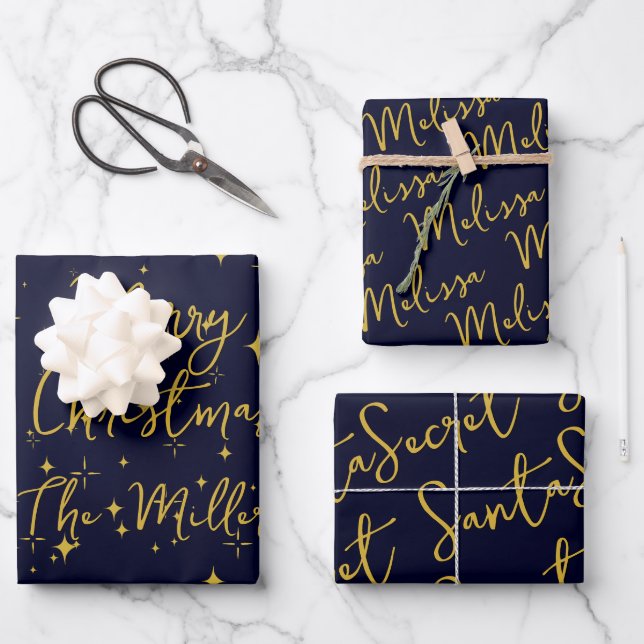 Gold Stars & Sparkles Personalized Dark Blue Wrapping Paper Sheet (Front)
