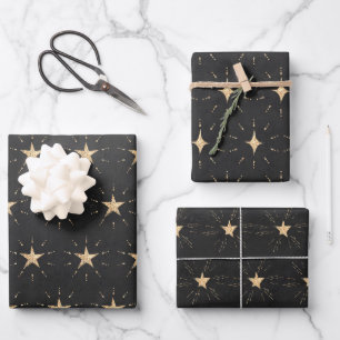 Gold Stars & Stardust On Black Wrapping Paper Sheet