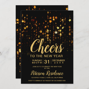 Gold stars string lights black New' Year eve party Invitation
