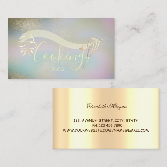 Gold Stars,Whisk,Cupcake,Cooking Holographic Business Card (Front/Back)