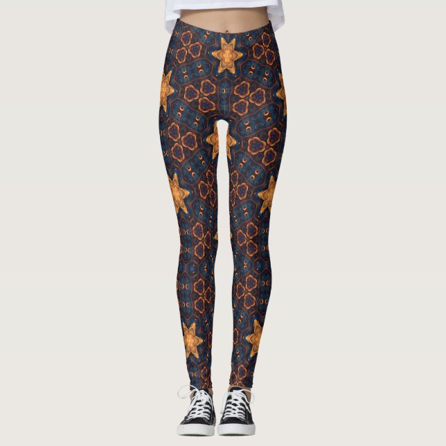 Gold Stars with Blue Background Leggings (Front)