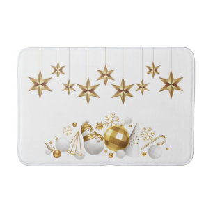 Gold Stars with Gold and White Christmas Ornaments Bath Mat