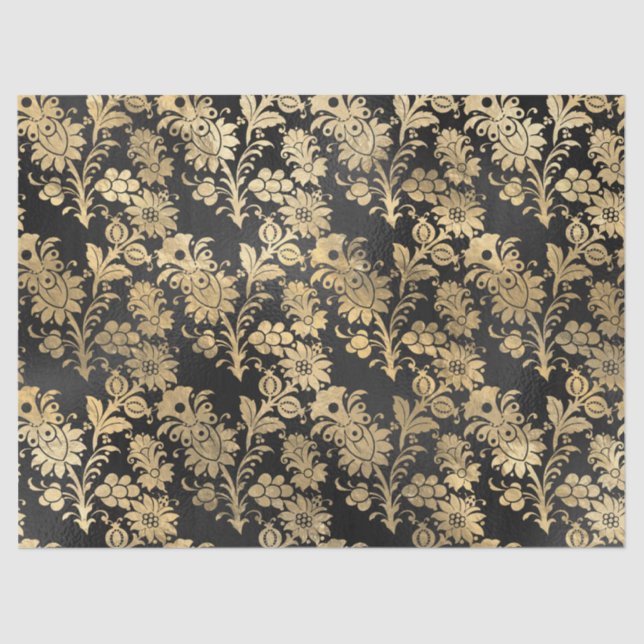 Gold Stencil Flowers on Black Decoupage Tissue Paper (Front)