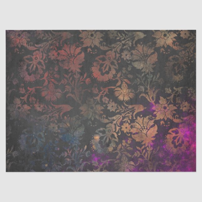 Gold Stencil Flowers on Purple and Black Decoupage Tissue Paper (Front)