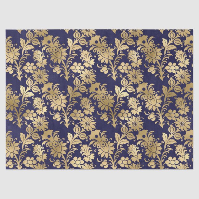 Gold Stencil Flowers on Purple Decoupage Tissue Paper (Front)