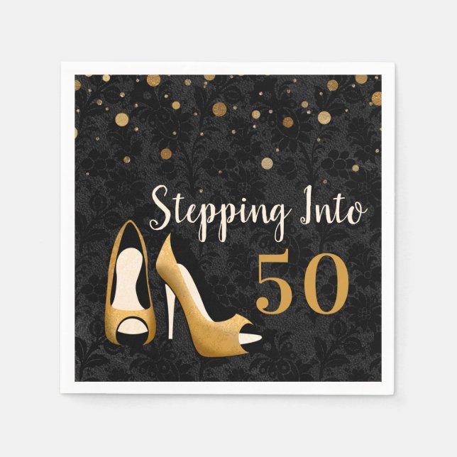 Gold Stepping into 50 Woman's Birthday Party Napkin (Front)