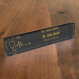 Gold Stethoscope ECG Wave EKG Line Luxury Medical Nameplate