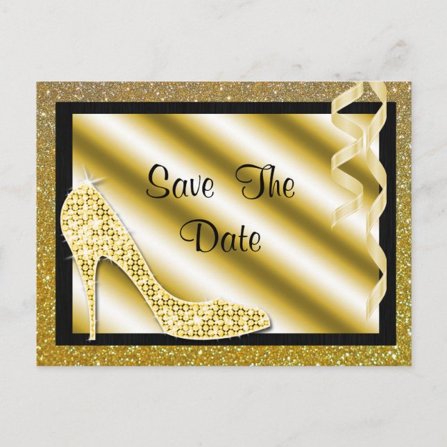 Gold Stiletto & Streamers 50th Save The Date Announcement Postcard (Front)