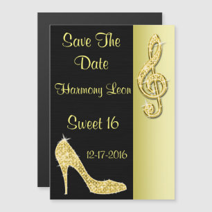 Gold Stiletto & Treble Cleft 16th Save The Date Magnetic Invitation