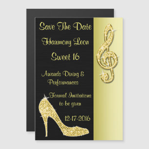 Gold Stiletto & Treble Cleft 16th Save The Date Magnetic Invitation