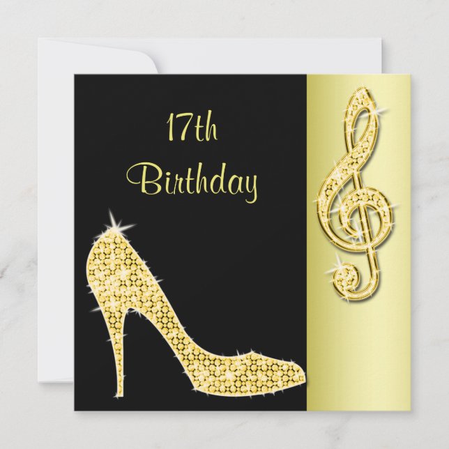 Gold Stiletto & Treble Cleft 17th Birthday Invitation (Front)