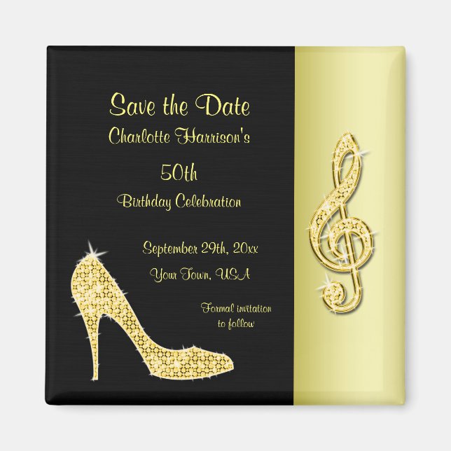 Gold Stiletto & Treble Cleft 50th Save The Date Magnet (Front)