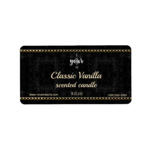 Gold Stitched Black Damask Scented candle label