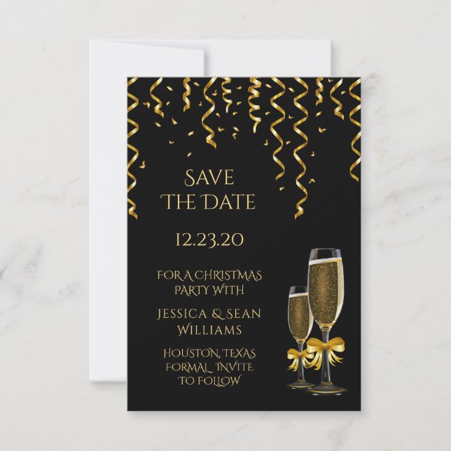 Gold Streamers & Champagne Christmas Save The Date (Front)
