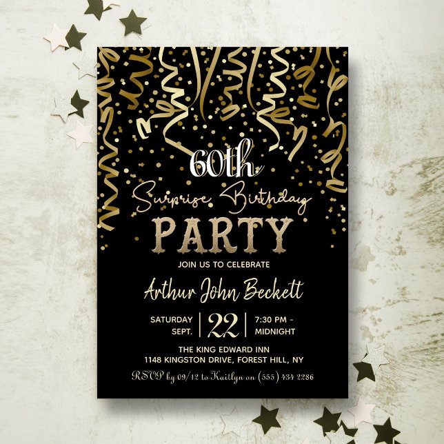 Gold Streamers & Confetti Surprise Birthday Party Invitation (Creator Uploaded)