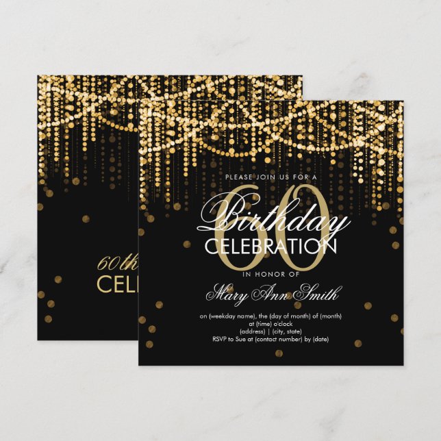 Gold String Lights Any Age Birthday Invitation (Front/Back)
