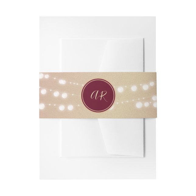 Gold String Lights Burgundy Wedding Belly Band Invitation Belly Band (Front Example)