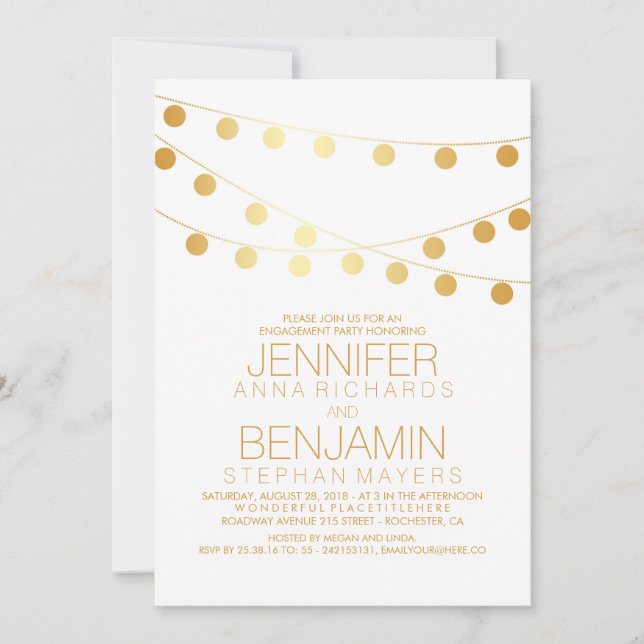 Gold String Lights Modern White Engagement Party Invitation (Front)