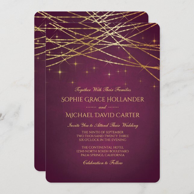 Gold String Lights on Ruby Invitation (Front/Back)