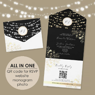 Gold String Lights Rustic Black Wedding All In One Invitation