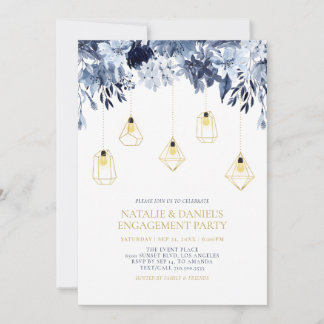 Gold String Lights, Winter Floral Engagement Party Invitation