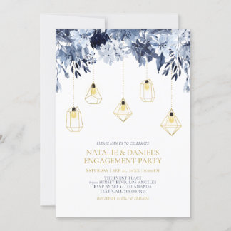 Gold String Lights, Winter Floral Engagement Party Invitation
