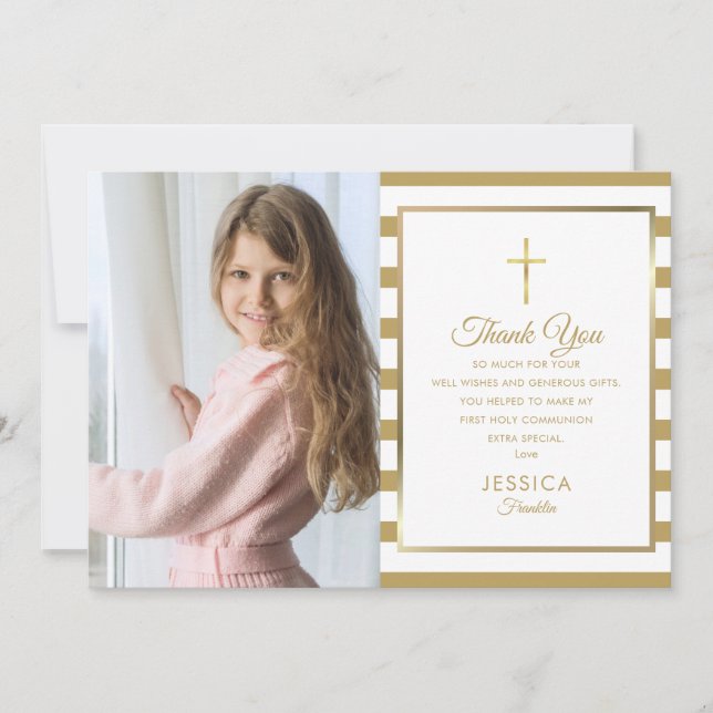 Gold Stripe First Holy Communion Photo Thank You Card (Front)