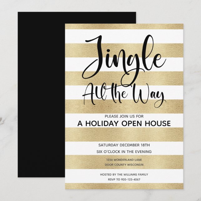 Gold Stripe Jingle All The Way Holiday Open House Invitation (Front/Back)