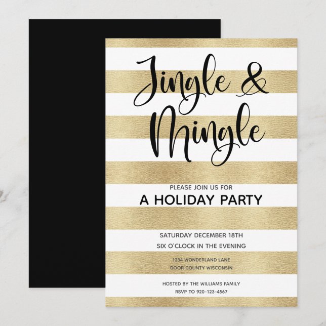 Gold Stripe Jingle and Mingle Holiday Party  Invitation (Front/Back)