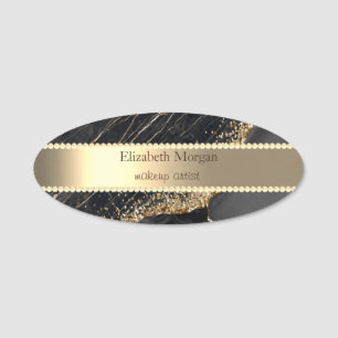 Gold Stripe, Pearls Black Marble Gold Sequins Name Tag