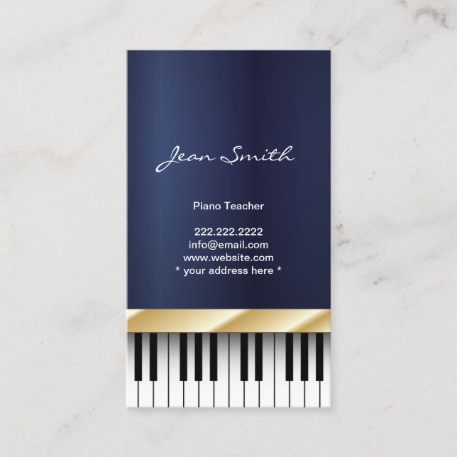 Gold Stripe Piano Teacher Dark Blue Business Card (Front)