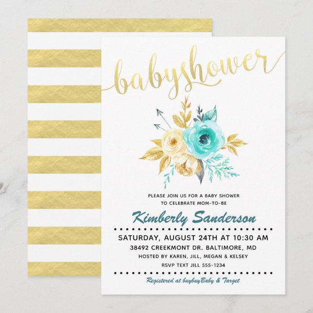 Gold Stripe Teal Floral Baby Shower Invitation (Front/Back)